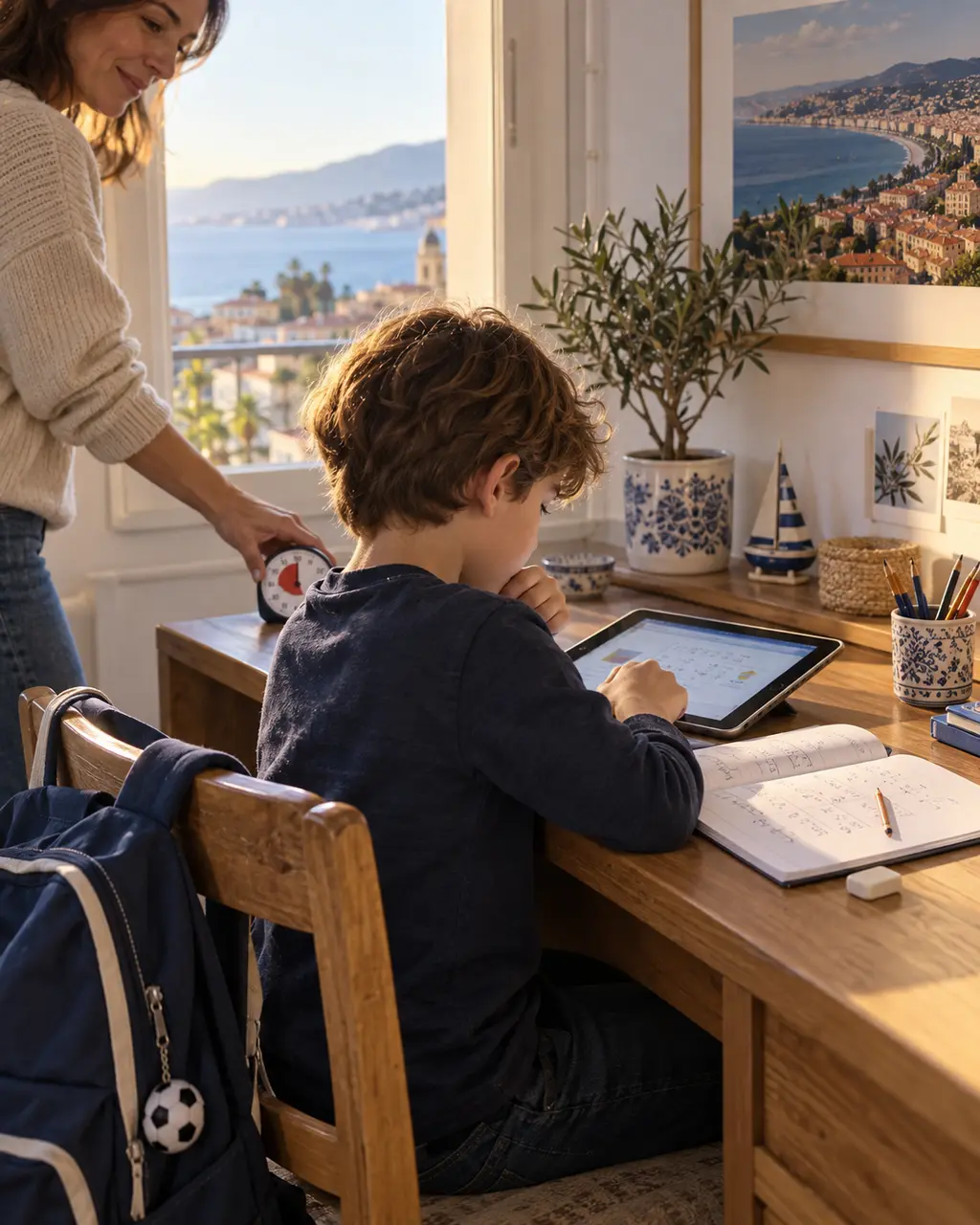 A child concentrates at a familiar desk with a practice notebook while a parent sets a timer for a short session.