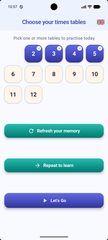 Times Tables menu screen