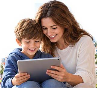 A mother and child enjoying a tablet together by the French Riviera