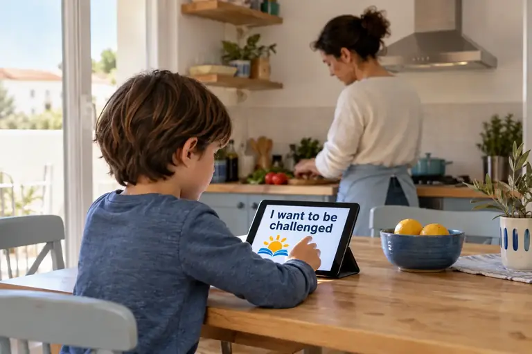 A child uses a tablet beside a parent preparing dinner. The screen reads: I want to be challenged, with the Nice Education logo beside the hand.